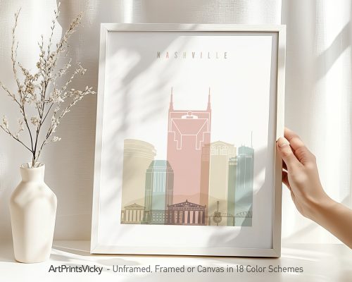 Art print featuring a stylized cityscape of Nashville with various buildings in soft colors.