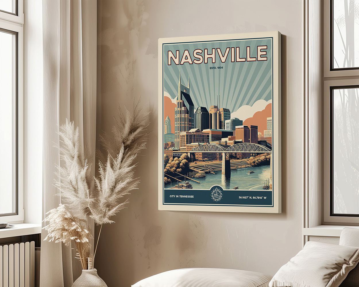 Retro-style poster of Nashville featuring the skyline and a bridge with a sunburst background.