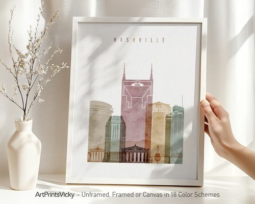 Art print featuring a stylized cityscape of Nashville with various building silhouettes.