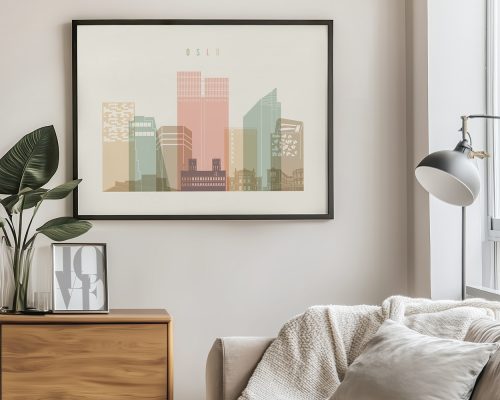Art print of a stylized cityscape featuring buildings in Oslo with a pastel color palette.
