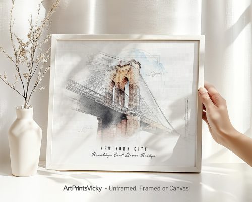 Art print of the Brooklyn East River Bridge with a hand holding the frame against a light background.