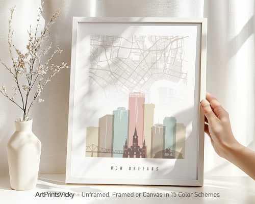Art print of a New Orleans city map with stylized buildings and landmarks in soft colors.