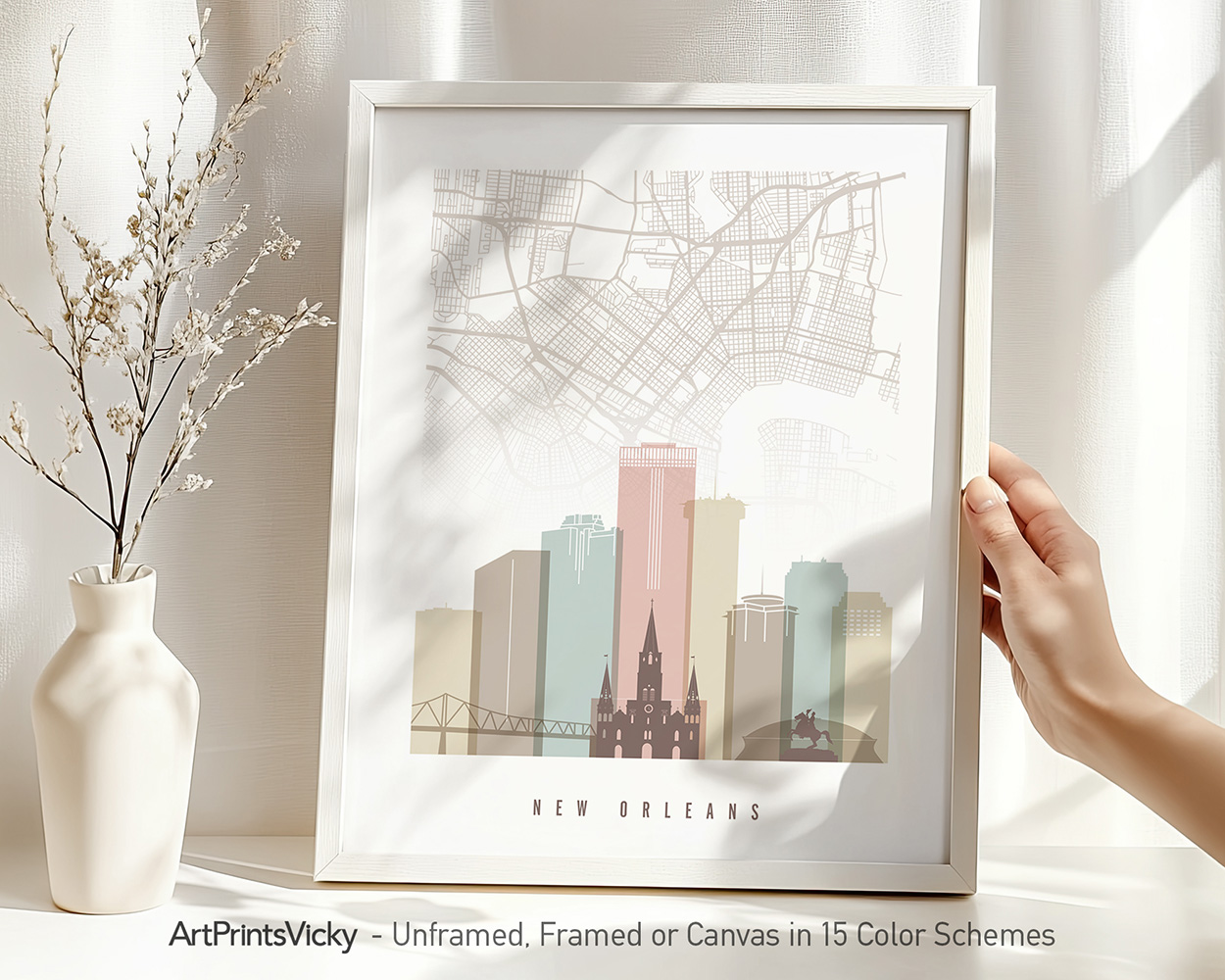 Art print of a New Orleans city map with stylized buildings and landmarks in soft colors.