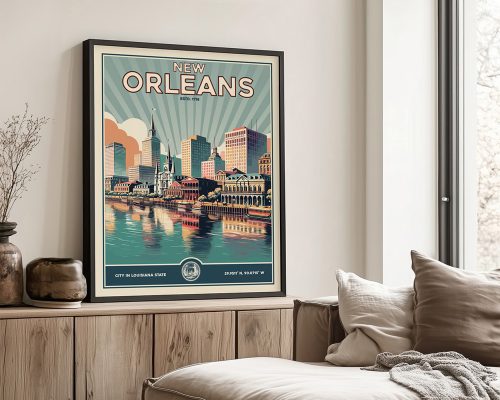 Framed retro poster of New Orleans featuring city skyline and river view.