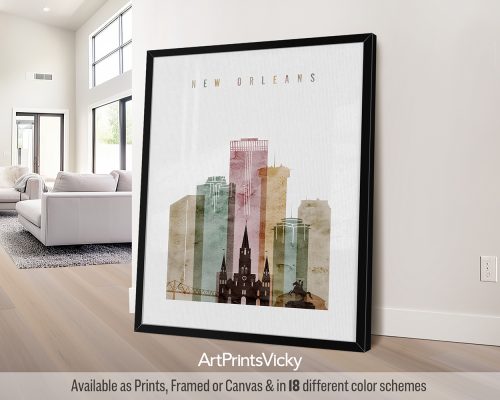 Art print of a stylized cityscape of New Orleans featuring buildings and a church silhouette.