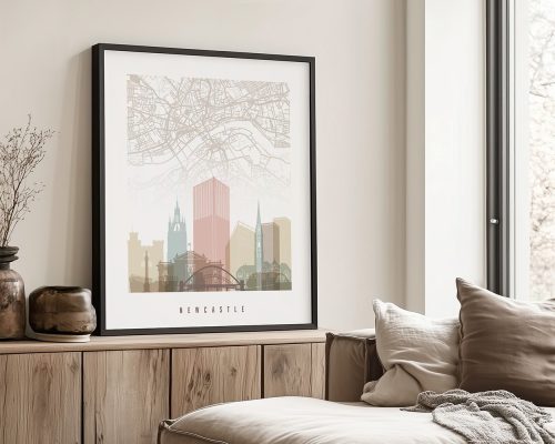 Art print of a map of Newcastle featuring buildings and landmarks in muted colors.