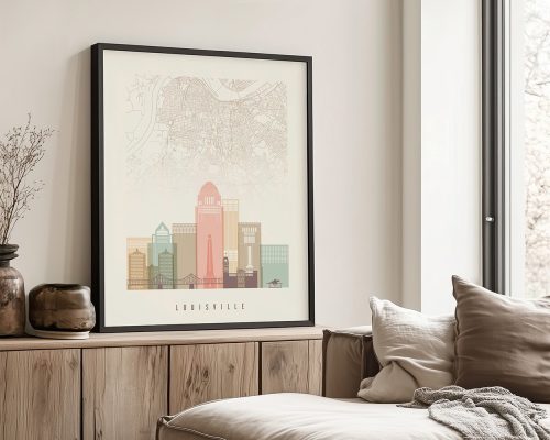Framed map print of Louisville featuring prominent buildings and landmarks in a stylized design.