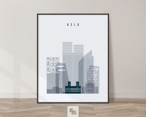 Framed art print of the Oslo city skyline featuring various buildings in gray tones.