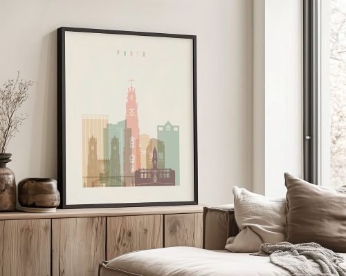 Framed illustration of Porto cityscape featuring various buildings in pastel colors.