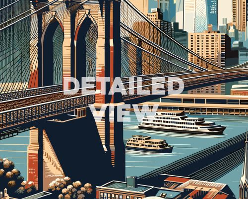 Illustration of the Brooklyn Bridge with Manhattan skyline and boats on the water below.