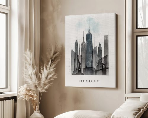 Art print featuring a stylized depiction of the New York City skyline with prominent buildings.