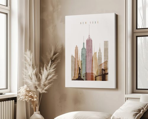 Art print of the New York City skyline featuring iconic buildings and landmarks.