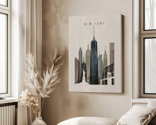 Art print of the New York City skyline featuring iconic buildings in a minimalist style.