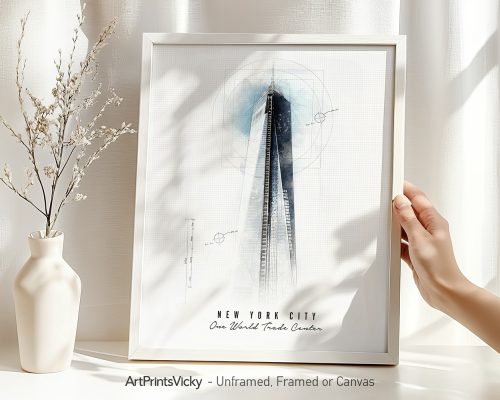 Art print of One World Trade Center with a minimalist design and light background.