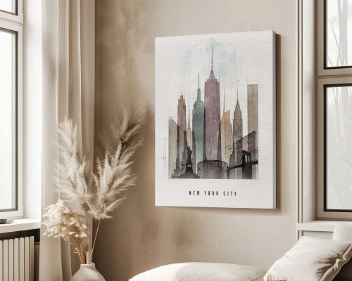 Art print depicting a stylized skyline of New York City with notable buildings.