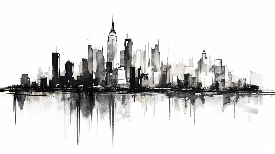 Black and white illustration of the New York City skyline with reflections in the foreground.