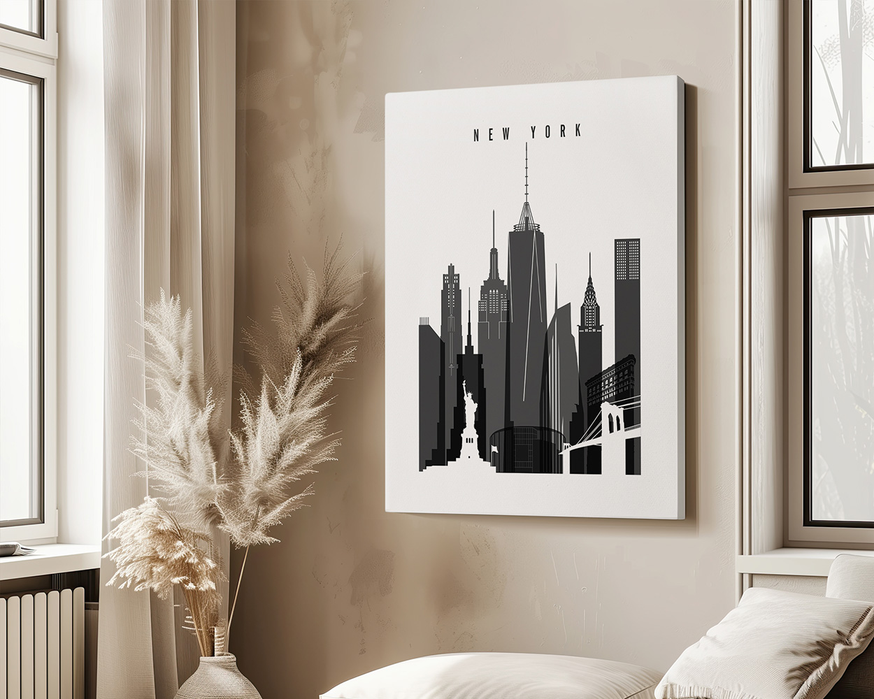 Black and white illustration of the New York City skyline with notable buildings and the Statue of Liberty.