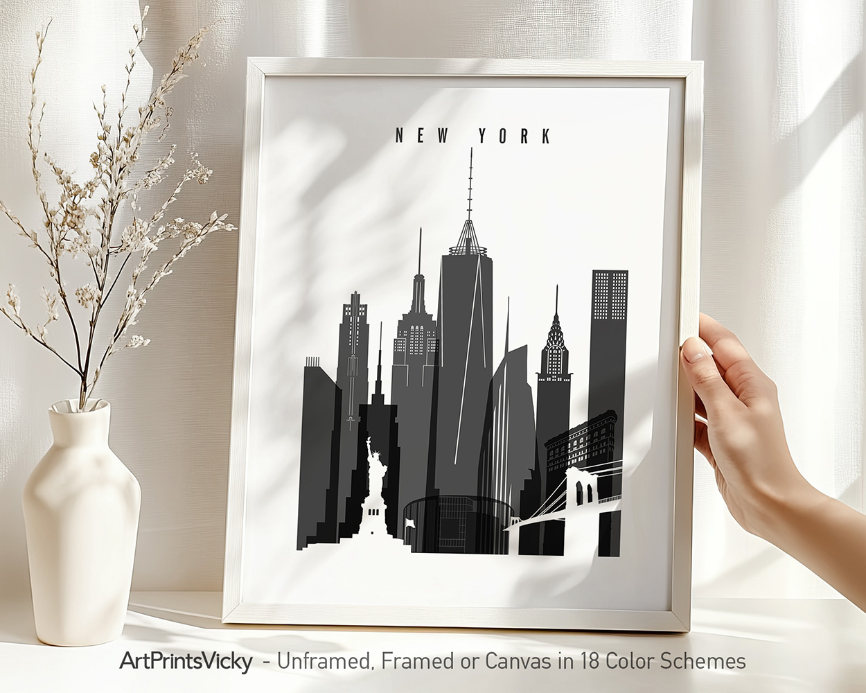 Black and white illustration of the New York City skyline featuring notable buildings and the Statue of Liberty.