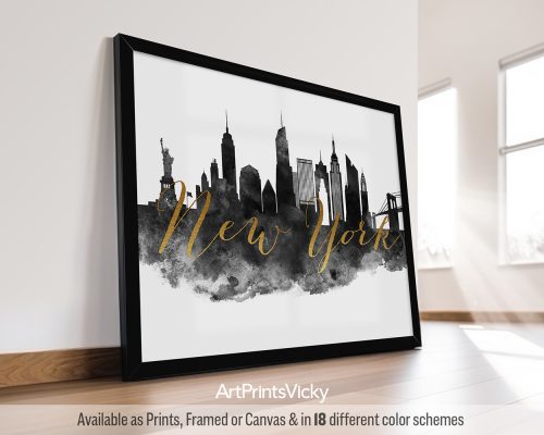 Black and gold silhouette of the New York City skyline with the text 'New York' in cursive.