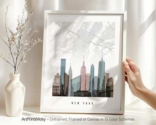Art print of a New York City map with prominent buildings and streets in a minimalist design.