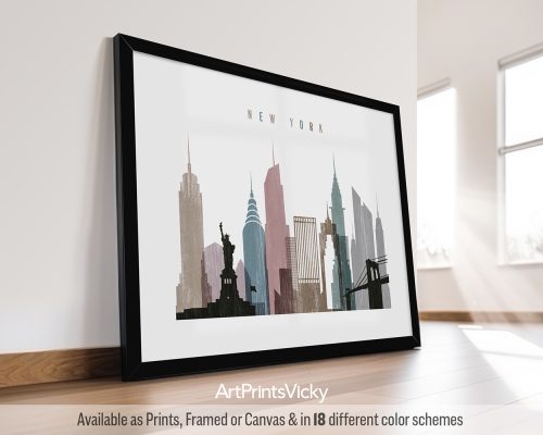 Framed print of the New York City skyline featuring notable buildings and the Statue of Liberty.