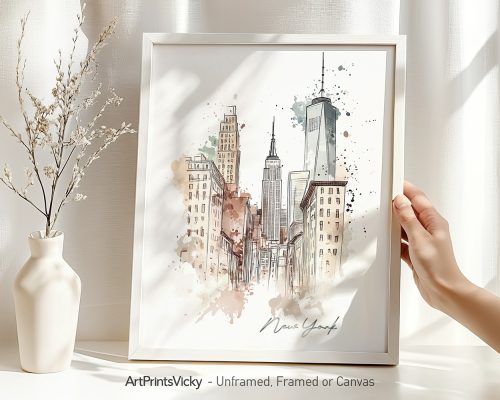 Watercolor illustration of New York City skyline featuring prominent buildings and the One World Trade Center.