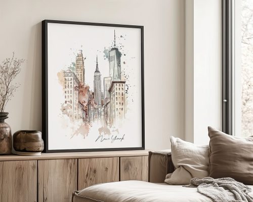 Watercolor illustration of New York City skyline featuring prominent buildings in soft colors.