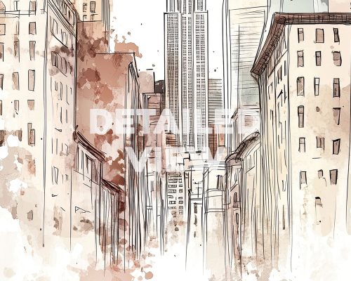 Illustration of a street view in New York City featuring tall buildings and the Empire State Building.