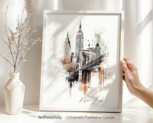 Art print of New York City featuring the Empire State Building and Brooklyn Bridge in a watercolor style.
