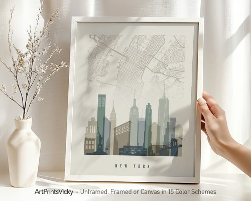 Framed artwork of a New York City map with skyline illustration in muted colors.