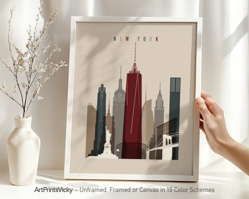 Art print of the New York City skyline featuring iconic buildings and the Statue of Liberty.