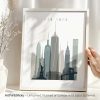 Art print of the New York City skyline featuring notable buildings and the Statue of Liberty.