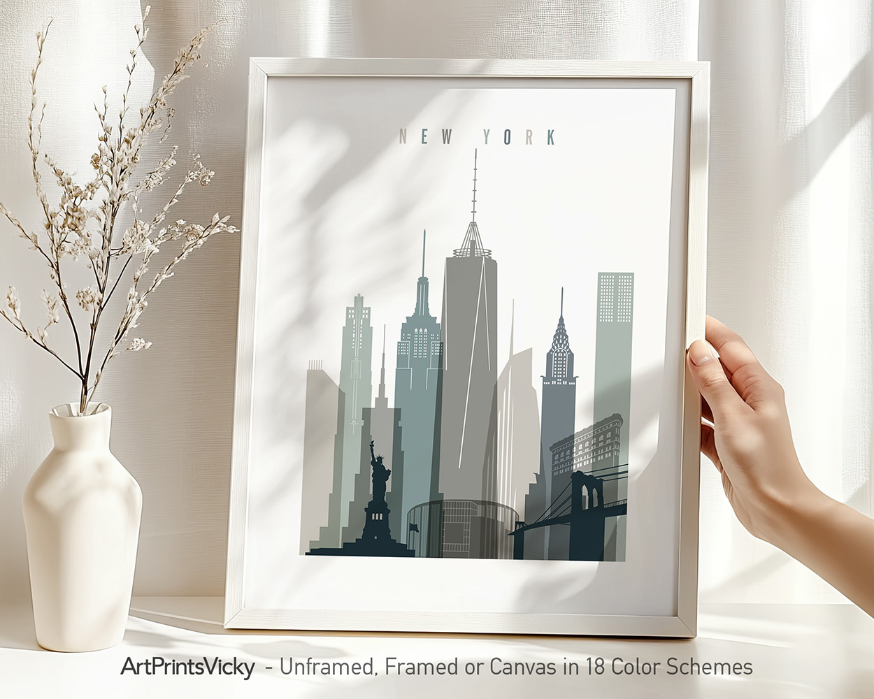 Art print of the New York City skyline featuring notable buildings and the Statue of Liberty.
