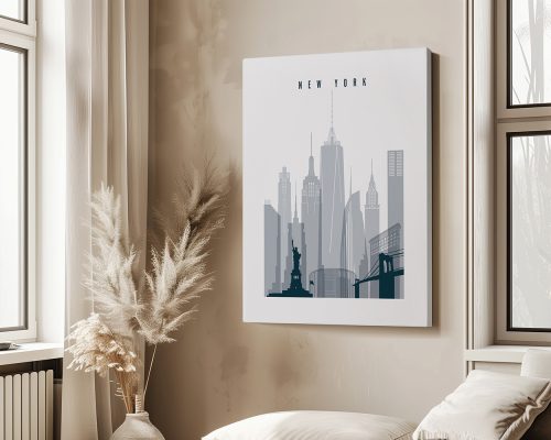 Stylized artwork of the New York City skyline featuring notable buildings and the Statue of Liberty.
