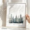 Art print of a map of New York City featuring prominent buildings and streets in a minimalist design.