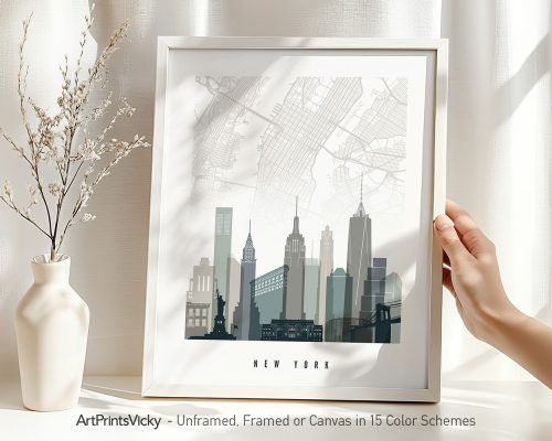 Art print of a map of New York City featuring prominent buildings and streets in a minimalist design.