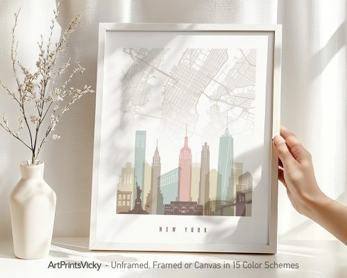 Art print of a stylized map of New York City with prominent buildings and landmarks.