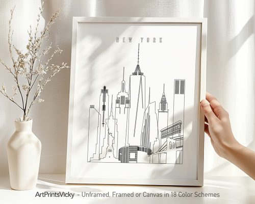 Outline illustration of New York City skyline featuring prominent buildings in a minimalist style.