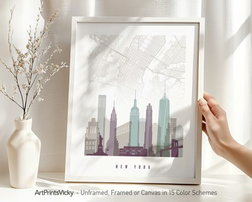 Framed map print of New York City featuring notable buildings and landmarks.