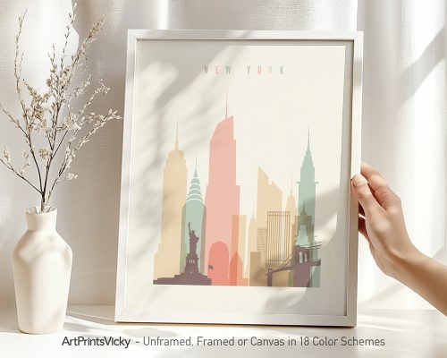 Art print featuring a stylized skyline of New York City with notable buildings and the Statue of Liberty.