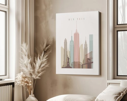 Stylized illustration of New York City skyline featuring iconic buildings and the Statue of Liberty.