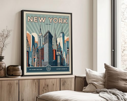 Framed art print of New York City skyline featuring iconic buildings and a retro design.