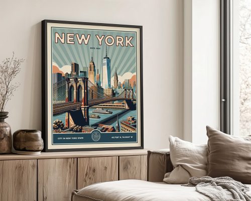 Retro-style poster of New York City featuring the Brooklyn Bridge and skyline with a sunburst background.