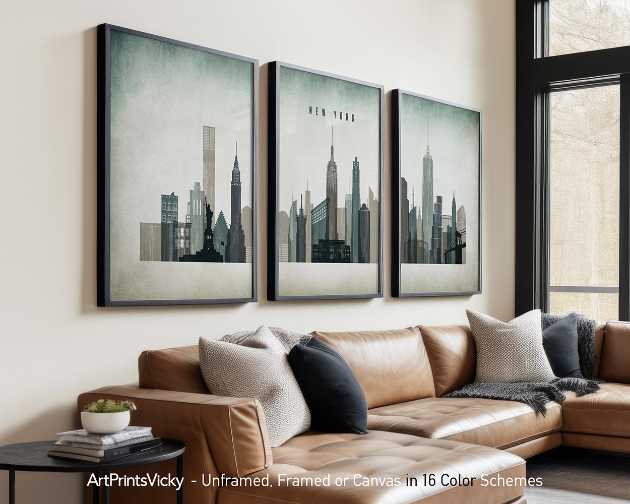 Three framed art prints depicting a stylized skyline of New York City with various buildings.