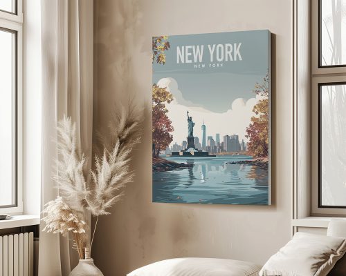 Art print of New York City featuring the Statue of Liberty and skyline in a serene setting.