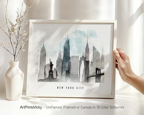 Art print featuring a watercolor depiction of the New York City skyline with notable landmarks.