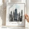Art print featuring a stylized depiction of the New York City skyline with notable buildings.