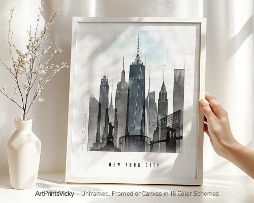 Art print featuring a stylized depiction of the New York City skyline with notable buildings.