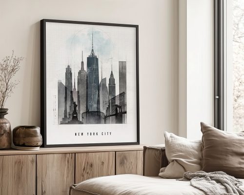Framed artwork depicting the skyline of New York City with various skyscrapers.