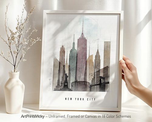 Art print featuring a watercolor illustration of the New York City skyline with notable buildings.
